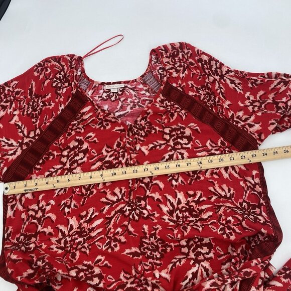 Knox Rose Size XL Red Floral Peasant Prairie Boho Maxi Dress V-Neck Belted - Picture 4 of 13